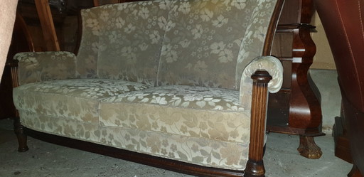 Classic oak wool mohair sofa with armchairs