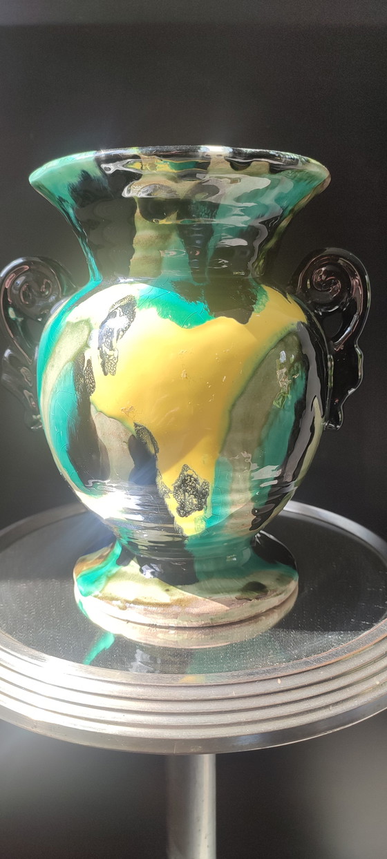 Image 1 of Keramikvase im Art-Deco-Stil mit geflammten Glasuren