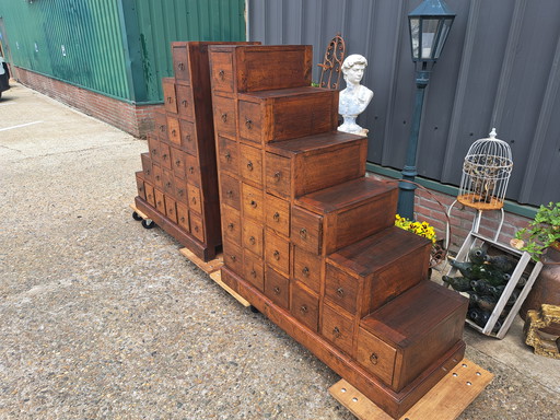 Heavy Teak chest of drawers apothecary cupboard, staircase model