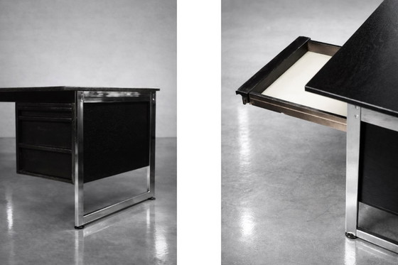 Image 1 of Vintage Mid-Century Danish Modern Minimalist Black Oak Desk with Chrome Base, 1970s