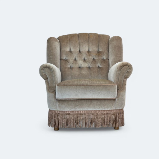 1970s Danish Armchair, Original Condition, Furniture Velour, Beech Wood