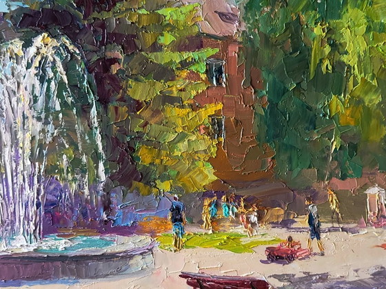 Image 1 of Dipinto ad olio originale. Paesaggio urbano, piazza, parco cittadino con fontana.