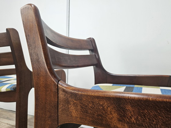 Image 1 of 70s eetkamerstoelen in beukenhout en stoffen uit het ruimte-tijdperk