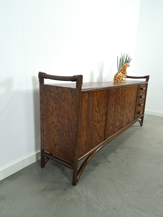 Image 1 of Wood With Bamboo Sideboard With Drawers Vintage