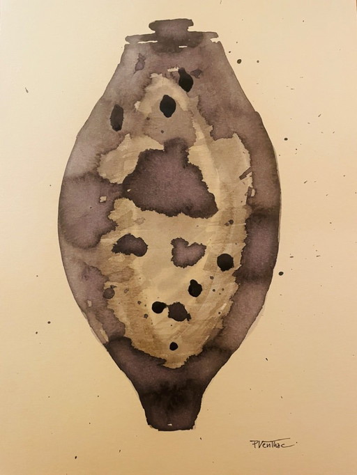 Tableau signé aquarelle et encre Vase Wabi Sabi Essaouira