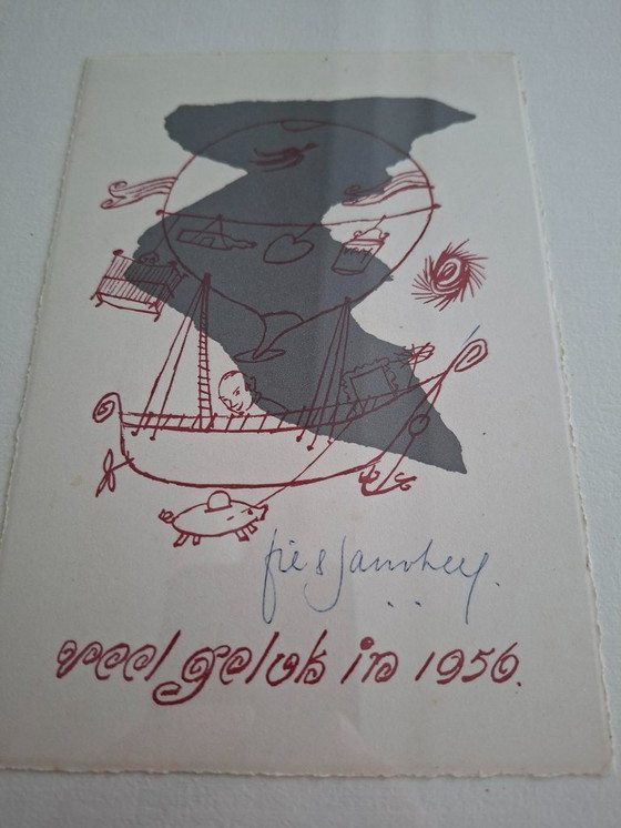 Image 1 of ingelijste litho van Jan van Heel nieuwjaarskaart mid century 1956