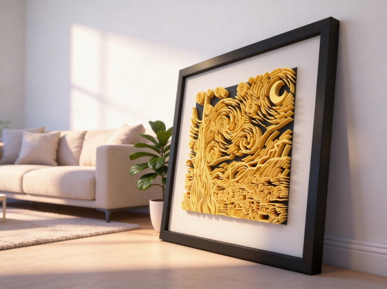 Image 1 of Notte stellata reinterpretata: bassorilievo scultoreo in movimento, opera d'arte da parete.