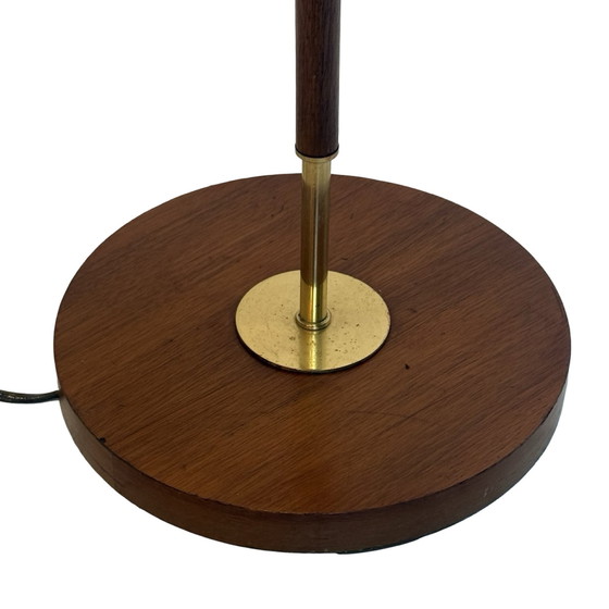 Image 1 of Temde Leuchten - Floor lamp - Space age design - Brass and teak wooden base - fabric covered shade - ca. 1960’s
