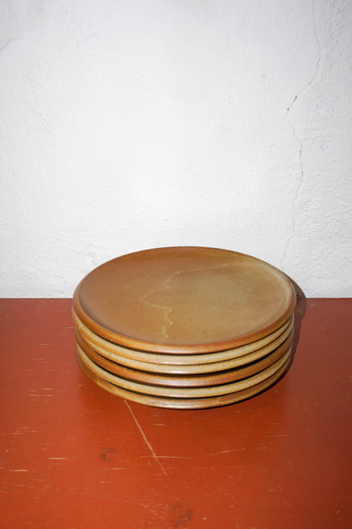 Prachtige Mid-Century zandstenen diner borden * set van 6 * Brenne Gres De France * Vintage * 25cm