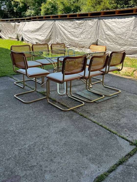 Italian Brass Dining Set with Table and Chairs, 1970s, Set of 9 – Leather, Glass, Hollywood Regency (photo 4 of 7)