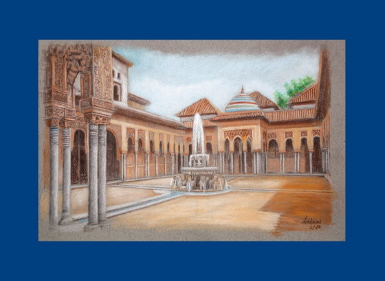 Image 1 of Drawing of the Alhambra. Court of the Lions. Painting of the Alhambra. Painting of the Court of the Lions.