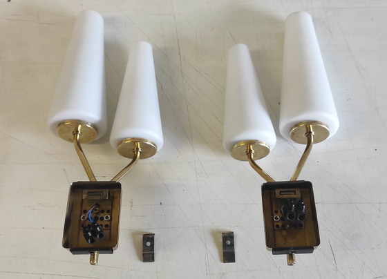 Image 1 of Asymmetrical double wall sconces in brass, metal and opaline glass - mid-20th century