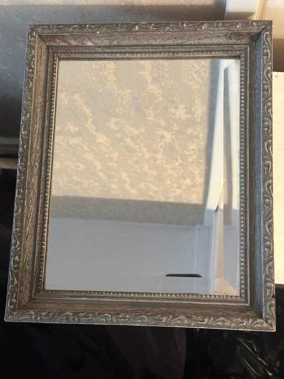 Antique Beveled Mirror, Anthracite Molded Wood Frame H 30/W25 cm, Glass, Grey, Vintage (photo 2 of 12)