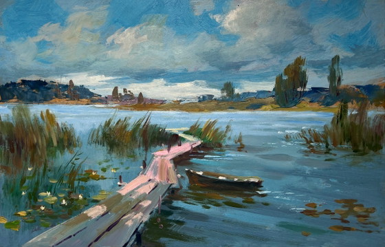 Image 1 of Original Oil Painting Summer River Landscape Quiet flow of the river