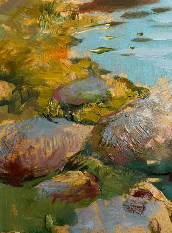 Image 1 of Original Oil Painting Coastal Village Landscape Quiet village harbour