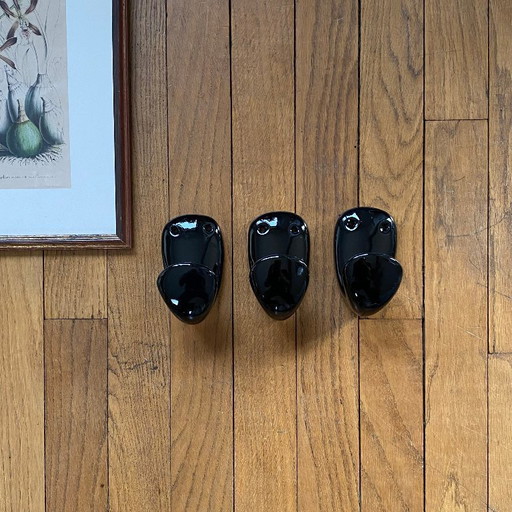 3 antique wall-mounted coat hooks, black porcelain ceramic, for coats and towels, vintage 1950s