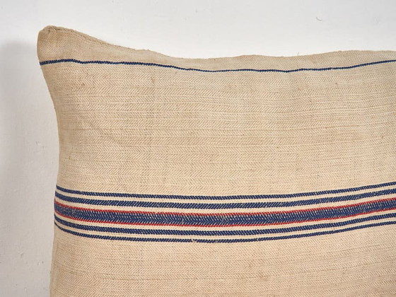 Antique linen pillow with blue and red stripes - Dimensiones: 50x50-2, Rustic (photo 6 of 6)