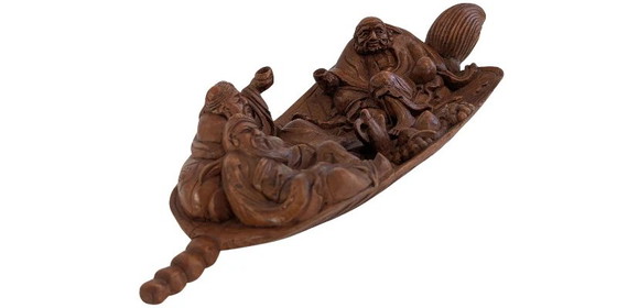 Chinees houten snijwerk, 19e eeuw – Onsterfelijken in een boot. – Beeldhouwkunst, Wood (photo 5 of 10)
