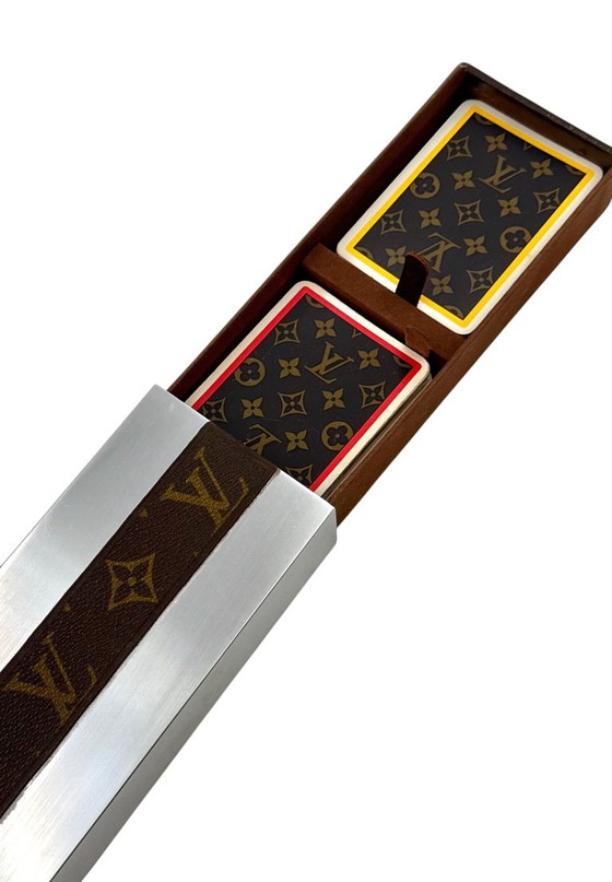Boîte de jeux de cartes Louis Vuitton, France ca. 1970, Objets déco, Métal, Cuir, Argenté, Modern (photo 6 sur 12)