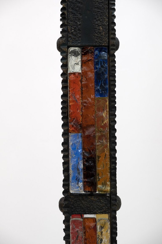 Image 1 of Poliarte Brutalistische italienische Stehleuchte aus Schmiedeeisen und farbigem Rohglas, 1960er Jahre