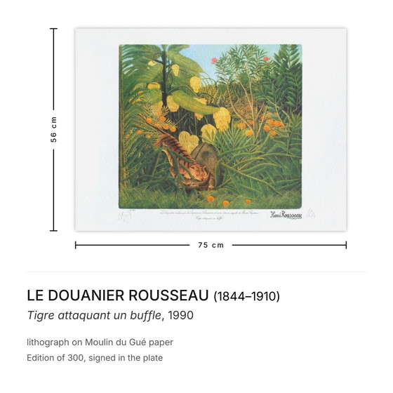 Le Douanier Rousseau Lithographie Tiger greift einen Büffel an 1990 – Lithographien & Drucke, Paper (photo 3 of 5)