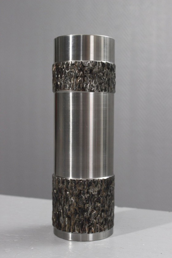 Image 1 of Vintage brutalistische rolvaas, gelast en gepolijst staal, jaren 70.