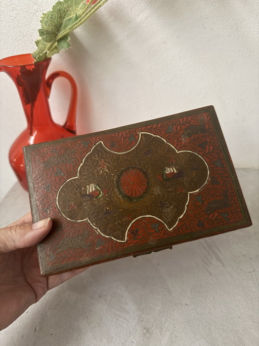 Vintage Brass & Wooden Jewelry Box | Birds | Handcrafted – decoratieve objecten