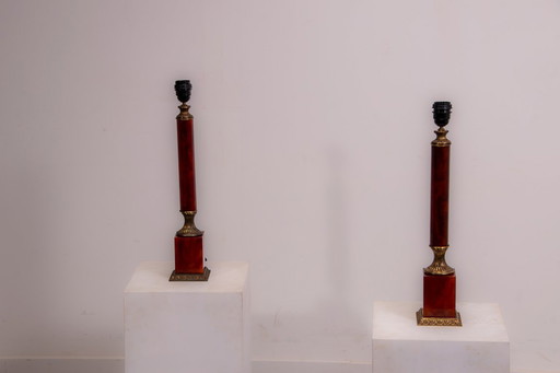 Set of French Empire style lamps made from amber bakelite and brass