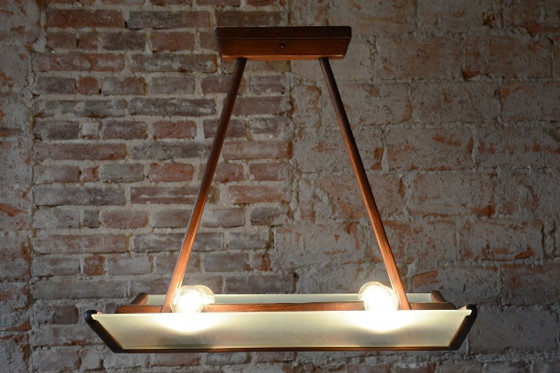 Restored Mid-Century Chandelier, Beech, Milk Glass, Rewired, Czech, 1950s, Pendant lamps, Wood, Brown (photo 7 of 10)