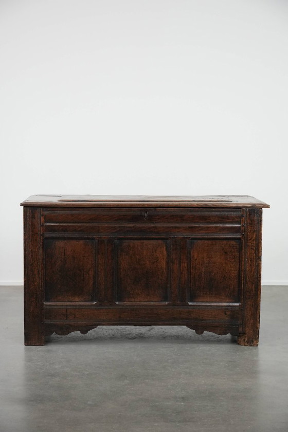 Image 1 of Large antique panelled English oak chest from the 18th century