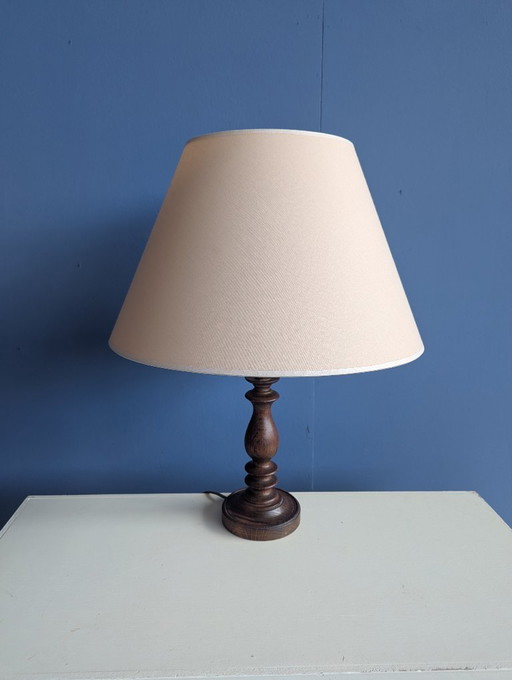 Vintage wooden table lamp / soft pink shade