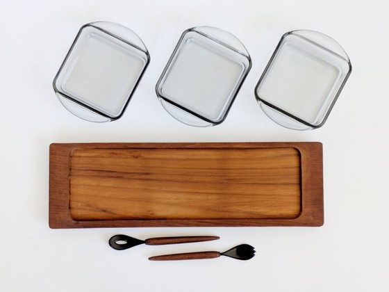 Image 1 of Danish Teak Serving Set, 3 Smoked Glass Bowls Original Spoon and Fork, Midcentury Kabaret Tray