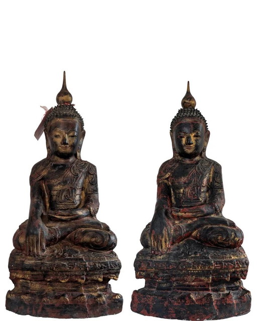 Pair of Antique Burmese Papier-Mâché Buddha Statues – Konbaung – c. 1750–1825