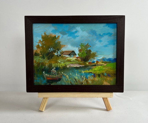 Original Oil Painting Summer House Landscape I'm sailing home on a boat