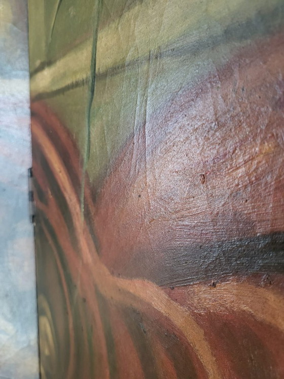 Image 1 of Zeldzaam handgeschilderd Art Deco kamerscherm – in de stijl van Michelangelo’s “Schepping van Adam” (ca. 1920–1935)