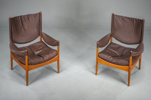  Mid-Century Modern Danish Oak and Leather Lounge Chairs with Ottoman by Kristian Vedel for Søren Wiladsen, 1960s, Set of 3