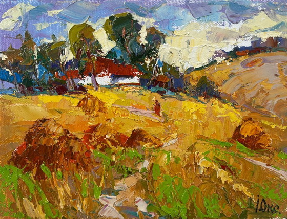 Image 1 of Original Oil Painting Summer Field Landscape Edge of the village
