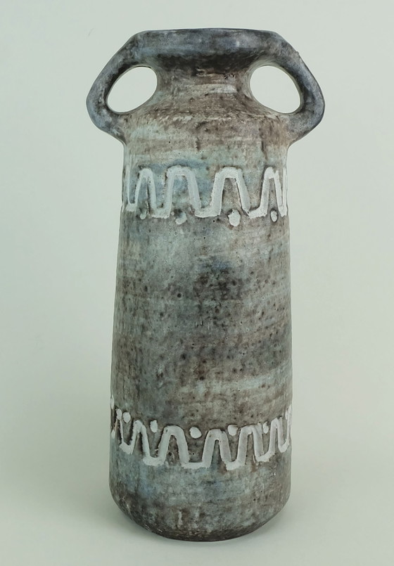 Image 1 of double handled east german mid century ceramic vase heissner keramik model V/32 relief pattern gray and blue