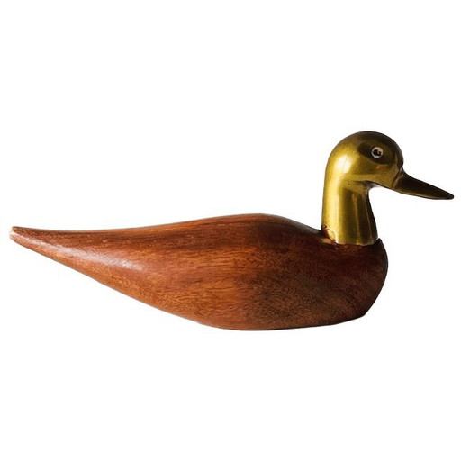 Vintage mid-century brass wooden duck figurine Hollywood Regency 1970s