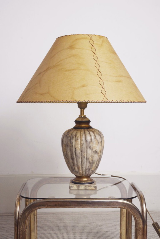 Image 1 of Vintage Italian Neoclassical Urn Table Lamp Faux Marble Stone Ceramic Lamp Parchment Shade Organic Modern Mediterranean Lighting