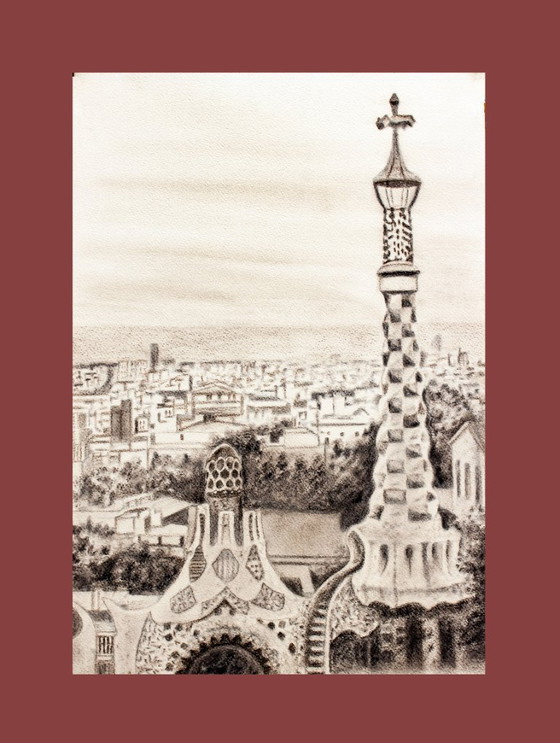 Image 1 of Drawing of Barcelona as seen from Park Güell. Park Güell drawing. Charcoal drawing of Barcelona. Painting of Barcelona. New.
