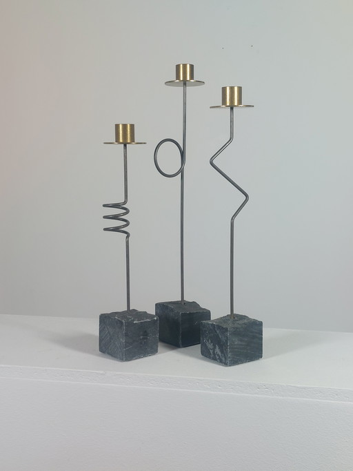 3x Vintage Ikea Kerzenständer Ehlen Johansson Krasen Metall Granit 