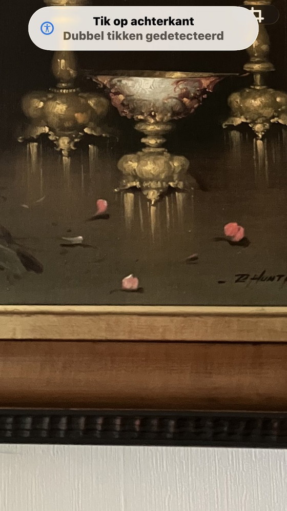 Image 1 of Groot Klassiek Stilleven R. Hunther - Gouden Vazen & Bloemen - Luxe Lijst