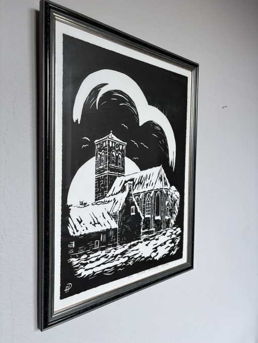 Signierter Holzschnitt/Linolschnitt von Armand Dumoulin – „Winterliche Kirchenszene“ (1987)

