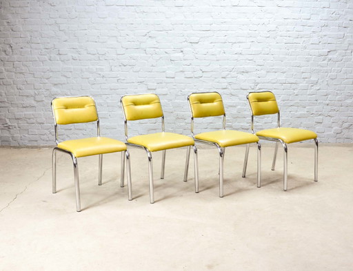 4x Chaises de cuisine en simili-cuir vert olive sur châssis chromé, Belgique, années 1960