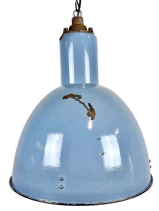 Lampada a sospensione industriale in smalto blu Bauhaus, anni '50