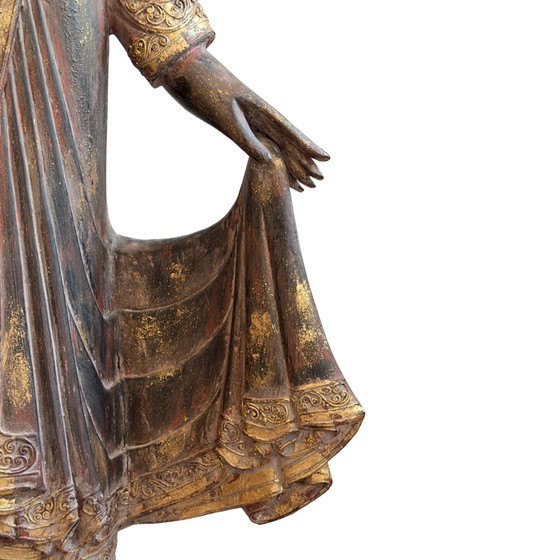Antique Burmese Standing Buddha – Monumental Temple Statue in Teak Wood (166 cm) – Sculpture (photo 7 of 11)