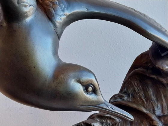 Large Art Deco Sculpture Rochard Seagull Zamak on Marble, polished steel, Brown (photo 3 of 13)