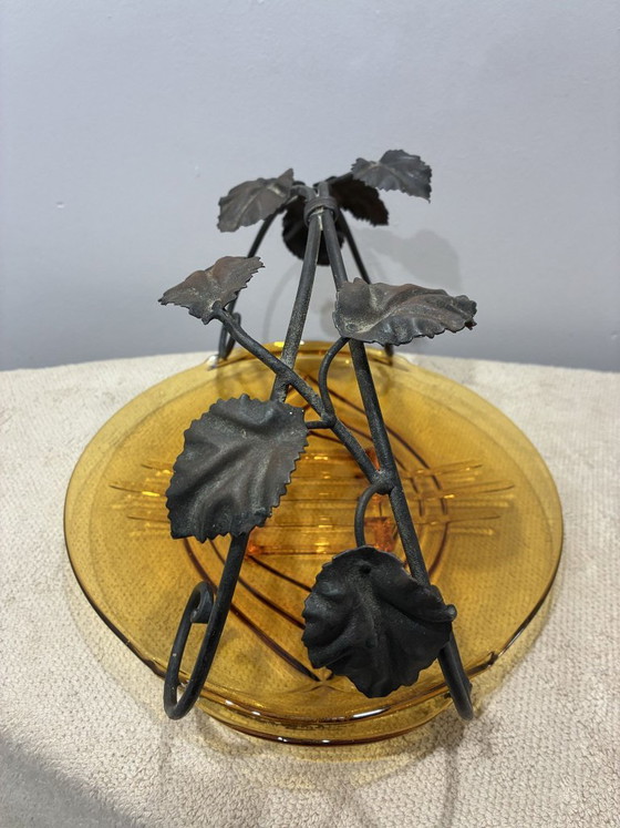 Val Saint Lambert amber glass bowl, Candide series, metal leaf mount, Table accessories, Orange, Art Deco (photo 2 of 5)