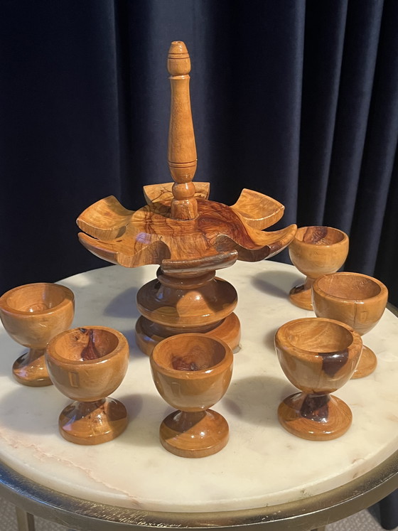 Image 1 of Set di portauova in legno vintage di metà secolo su giostra (7 pezzi)